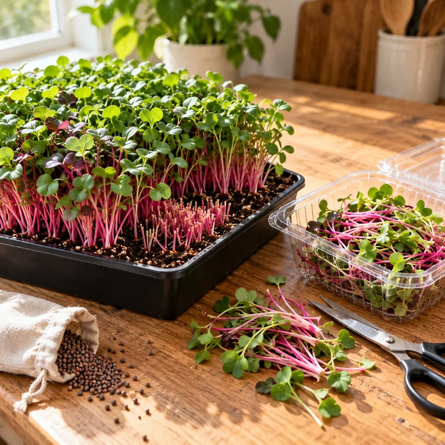 A tray of fresh radish microgreens next to a clear clamshell of cut greens and a pair of kitchen scissors