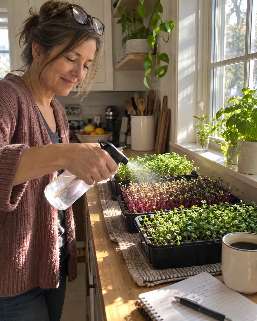 A woman misting trays of young microgreens on a sunny kitchen shelf